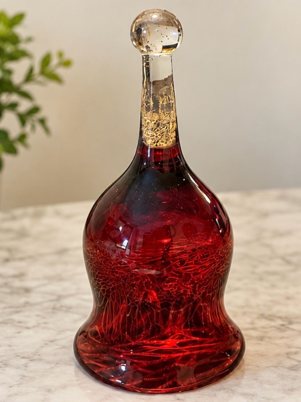Vintage Handblown Red Glass Decorative Bottle with Gold Accent